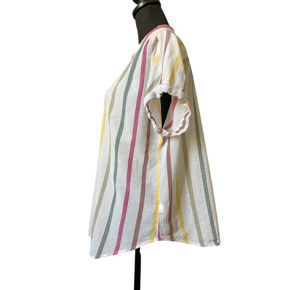 Ava & VIV muslin cotton vertical stripe cap sleeve button front collared top 14W - Picture 3 of 10